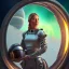 Placeholder: centered portrait of female soldier sitting on throne, wearing no helmet, by a starship window with weird vegetation and a view to the milky way, hi detail, book cover illustration