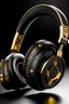 Placeholder: a heavy metal themed pair of headphones. wireless with black and gold. add a flexing arm image to the side of the ear piece