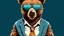 Placeholder: Cool looking bear wearing funky fashion dress - jacket, shirt, tie, dark shades sunglasses. Wide banner with copy space side. Stylish animal posing. Generative AI