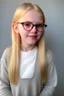 Placeholder: a cute 11 tall year old girl blond with glasses