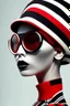 Placeholder: minimalist portrait photography, digital art, opart, woman face painted red, black and white dress, round black sunglasses, black and white swimming cap, side view by Franck Gerard