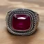 Placeholder: ruby signet ring with braided tungsten and titanium, braided band, brushed steel, men's jewellery