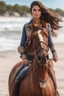 Placeholder: Social media influencer. Hyper realistic. Brunette. Brown eyes. Exotic. Athletic. Glamorous. Riding horse on the beach.