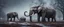 Placeholder: Hyper Realistic zombie elephants on the field behind a huge dark mansion with dry old tree at a foggy snowfall night