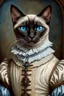 Placeholder: Renaissance Portrait of a Siamese cat wearing classic mediveal outfit, oil painting texture, piercing blue eyes