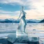 Placeholder: in a frozen sea with pretty mountains a full lady ice statue in artist pose standing over a ice block looking at camera, of clear glass like ice that going to melt and water drops fall from all body.
