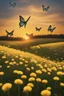 Placeholder: Butterflies flying up from a field of dandelions at sunset