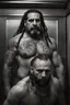 Placeholder: close up photography of two ugly gypsies close, face to face embraced, 41 years old with dreadlocks, big strong muscular chubby, tattoo, beard, bullneck, shirtless, manly chest, hairy torso , embraced, broken short pants,, angry eyes, in an elevator, top light, ambient occlusion, photorealistic, side view from the ground