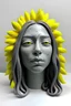 Placeholder: Full rubber female face with rubber effect in all face with grey and long yellow hair sponge rubber effect with a sunflower