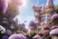 Placeholder: a magical crystal flower lys bougainvillier,pink hydrangeas, pink wisteria, blue gold house crystal castle, magnolias pink,blue lake,sun,white swanns,pink vertical, blue lake,sharp, vines, candlelit, endor, ornate, elegant, highly detailed, artstation, concept art, smooth, sharp focus, illustration, 8k, splash art, wallpaper, key visual