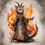 Placeholder: create an abstract ink wash and watercolor full body caricature of an aged, malevolent, ornately dressed , 14th century sorceress cat wreathed in fire ,highly detailed with refined feline features in the cartoon caricature style of Gerald Scarfe and Ralph Steadman precisely drawn, boldly inked, vividly colored, 4k