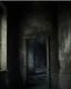 Placeholder: An ancient, weathered door stands in an abandoned house, shrouded in deep, engulfing darkness. The walls are rough and covered in moss and dust, with wooden beams crumbling and floors uneven. The faint light coming from a small particle of the philosopher's stone, placed mysteriously near the door, emits a warm, surreal glow, contrasting with the surrounding darkness. The stone’s light weakly illuminates the nearby area, casting long, eerie shadows. The atmosphere is thick with mystery and tensi