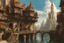 Placeholder: medieval buildings with balconies overhanging lake edge with blue sky and people, photorealism detailed matte painting, fantastical, intricate detail, splash screen, concept art