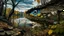 Placeholder: graffiti of an eye painted on a ruined wall, in the middle of an autumn landscape with a river in the foreground on which it is reflected
