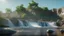 Placeholder: Sunny day, Epic waterfall landscape, rocks foreground