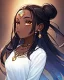 Placeholder: arcane tv show style, league of legends, solo, 1girl, attractive teenager, african, dark skin, dark-brown eyes, black hair, pair buns, violet strands of forehead bangs, necklace, earrings, modern makeup, (detailed skin texture), white oversize shirt