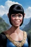 Placeholder: Planet of the Apes - black hair, Deep Blue Eyes - head and shoulders portrait - Smiling - Lenna, part chimpanzee, part human, short, bowl-cut, straight black hair, the bangs cut straight across the forehead, she resembles a Zira from the Planet of the Apes, and she resembles Spock - Mountains, blue skies, clouds, red roses, blue roses, yellow roses, honeysuckle roses, carnations, lilacs, oil painting by Frank Frazetta