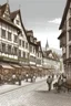 Placeholder: Transform a detailed sketch into a photorealistic image, capturing an urban street scene in Switzerland. The sketch outlines a lively street setting during the late afternoon. Ensure the final image precisely follows the sketch's outlines: quaint cobblestone streets, a mix of Swiss architectural styles with both modern and traditional buildings, people walking and interacting, and street-side cafés bustling with patrons. In the sketch, there are trams moving along the street, reflecting the effi