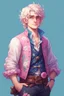 Placeholder: kind young sailor, man, white slightly curly hair, pirate shirt, pink and azure clothes, white floral pattern on jacket, flower in hair, stardew valley style