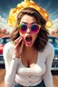 Placeholder: an young woman leaning forward(cropped tightly from between nose and stomach, white top with wide neck opening, cleavage, hands at face with surprised expression, home alone scream, wavy hair, large cheep colorful sunglasses, gloss lips), nuclear explosion and classic Cars in background, greaser, digital painted illustration