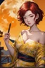 Placeholder: (Asian), short hair, fiery red hair hair, yukata, yellow clothes, 8k, best quality, winking, very dark night time, lighting from moon yellow moon, perfect, masterpiece