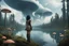 Placeholder: A skinny woman with a Cleopatra hairstyle, short skirt, and knee-high boots, looking out over a lake, in an alien forest, with tall cloud trees, flying mushrooms with octopus tentacles