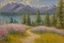 Placeholder: Mountains, lake, flowers, pathway, pine trees, clouds, otto pippel impressionism painting