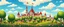 Placeholder: palace, city around, fairy-tale style, bright colors, sky with clouds, round and oval trees, green plants in the foreground, flowers, style of old Russian fairy tales, non-realistic drawing