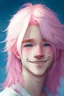 Placeholder: A boy with pink hair, blue eyes, and white skin with a slight blush on the cheek With long hair with a smile