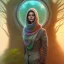 Placeholder: spray painting fantasy art, portrait camela harris looking crazy old in mummy sweater, standing in portal to wet forest world from city world,poetry book illustration