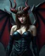 Placeholder: A female demon, pale skin, long brown hair, red eyes, long flaming horns, black leather sexy outfit, black and red bat-like wings, arrogant, vicious, an air of malevolent power surrounds her, smoky background, intricate details, hyperrealistic