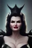 Placeholder: Geena Davis as evil queen in black leather, leather, busty, cleavage, angry, rage, stern look. character design by cory loftis, fenghua zhong, ryohei hase, ismail inceoglu and ruan jia. unreal engine 5, artistic lighting, highly detailed, photorealistic, fantasy