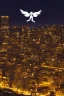 Placeholder: A flying angel over the tall buildings in a city at deep blue night.