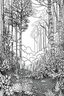 Placeholder: background sketch style use only outline Misty forest with ferns and wildflowers, bathed in early morning light, coloring page for adults, contour, vector, clean line art, white background, detailed, black and white, in the style of kalamkari design