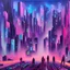 Placeholder: oil painting of a futuristic, overpopulated, busy, dark cyberpunk metropolis, fuchsia and blue, people walking in the streets packed like sardines, tv screens on buildings, flying cars and hoverboards fly through smog, textured