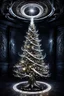 Placeholder: a beautiful illuminated silver and white light Christmas tree stands in a dark room, dark furniture outline visible, few glimmering lights, the ceiling opens and a swirling, terrifying vortex inside claws, stars, planets, demonic eyes, scary, dark atmosphere, deep colors, small details , surreal, thriller, nightmare, masterpiace