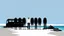 Placeholder: long-legged lean determined black-grey inspectors with ((beak-shaped heads)) (wearing white khiton) standing in front of a bus wreck on a radioactive beach, acrylic painting, minimal art, centered, wild sparse brushstrokes, amazing verticals, great parallels, low bleak colors of gray, blue and black, excellent negative space contrasts