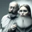 Placeholder: a young woman sitting next to a 50-year-old man with a beard and short hair, portrait, 8K, close-up face, anatomically perfect face, Highly detailed stunning full frame portrait, misty and cloudy atmosphere