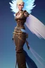 Placeholder: blue sky clouds, blonde steampunk angel in a flowing gown, majestic