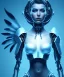 Placeholder: A beautiful portrait of a cute cyborg woman blue color scheme, high key lighting, volumetric light high details with white stripes and feathers and indian paterns and wimgs