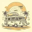 Placeholder: A retro camper van parked by the ocean, nostalgic, carefree, golden hour lighting, T-shirt design graphic, vector, contour, white background. WITH A FISH BEHIND IT AND WORDS\"Summer is a time to relax \"IN WHIT LET-TERS.THE BACK