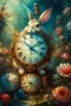 Placeholder: The fairy tale "Alice in Wonderland", a rabbit with a clock hurries among the bushes of vintage roses Oil on silk, work of art, hyperdetalization, professionally, filigree, misty haze,surrealism, transparent, delicate pastel tones, backlight, grunge style, three-dimensional watercolor, aesthetically pleasing, beautiful, realistic, high resolution, high detail, ISO 100 photosensitivity and aperture f/2.8, 1/250 with a 30 mm lens, 32 KB