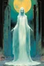 Placeholder: create an imaginative full body print illustration of the pale translucent ghost of an ancient female Oracle with finely detailed hair and feminine facial features, in the land of the dead , in the comic book art style of Bill Sienkiewicz, Mike Mignola, and Jean Giraud Moebius, finely textured, drawn, colored, and inked, suffused with dramatic natural light and shadow of a midnight crescent moon