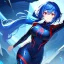 Placeholder: girl, masterpiece, best quality, volumetric lighting, dynamic pose, detailed outfit, perfect eyes, blue hair, red eyes, messy hair, long hair, body suit, low ponytail,