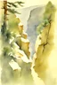 Placeholder: aspect ratio is Portrait, Edward Wesson, Dante Gabriel Rossetti, Pino Daeni, watercolor, wet on wet, splash fast strokes, Gnarled pine trees on the edge of a precipice looking down into a canyon, Brian Froud style, wet blurry watercolor