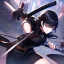 Placeholder: Clear focus,High resolution, Black short fluffy hair, and purple eyes, wearing a black outfit, must wear a short skirt, holding a glowing katana, fighting stance