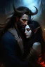 Placeholder: Painting, Beard, dark hair, demon prince, horns, handsome, mysterious, gentle, embracing a beautiful woman with long dark hair, celestial