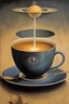 Placeholder: Shigeru Tamura, Remedios Varo, Surreal, mysterious, strange, fantastical, fantasy, Sci-fi, Japanese anime, Saturn floating in a coffee cup, detailed masterpiece