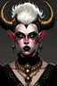 Placeholder: A young tiefling woman with a set of ram horns on her head encrusted with jewels, White-Blonde, short hair, black eyes, dressed in black with lots of jewelry, beautiful, satanic tattoos on her neck, she looks evil