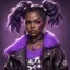 Placeholder: arcane tv show style, league of legends, solo, 1girl, attractive teenager, african, dark skin, dark-brown eyes, black hair, pair buns, (violet strand in forehead bang), necklace, earrings, modern makeup, (detailed skin texture), old leather jacket with violet fur collar, oversized torn t-shirt with half-erased unknown music group logo, You can see through the wide holes in the t-shirt her acid-green sport top, dark background, bokeh, cinematic atmosphere